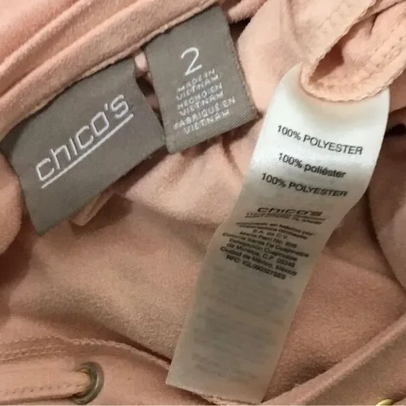 Chicos pink faux suede vegan short sleeve round neck with gold tone detail sz L - Picture 7 of 7
